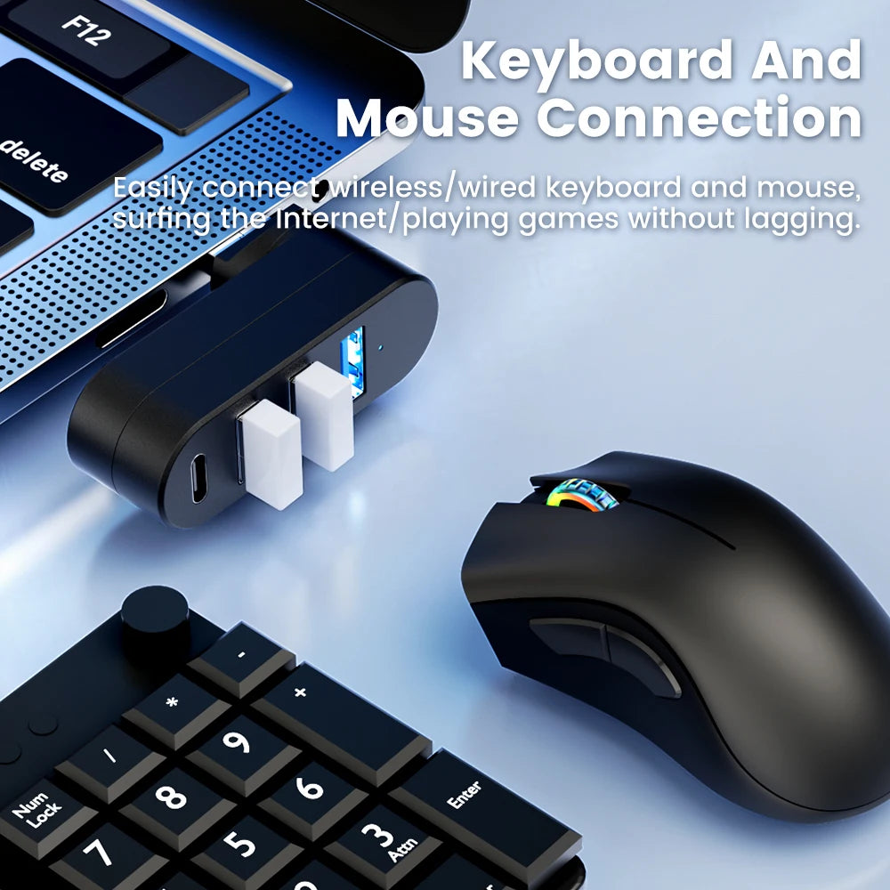 Elough 4-Port USB Hub - 180° Rotatable USB 3.0/2.0 and Type-C Data Transfer Adapter for Laptop, MacBook, and PC