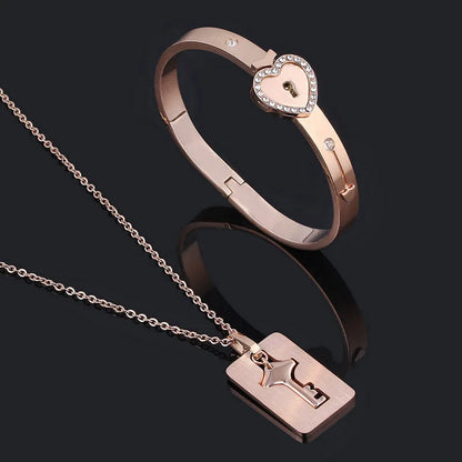 Couple Stainless Steel Love Lock Bracelet & Key Pendant Necklace – Romantic Jewelry Gift for Men and Women