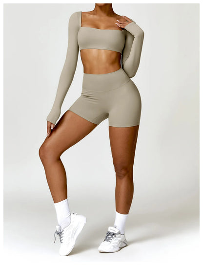 Hearuisavy 2PCS Long Sleeve Gym Set for Women, Quick-Drying Yoga Clothes, Sportswear, Running Leggings, Workout Sports Crop Top