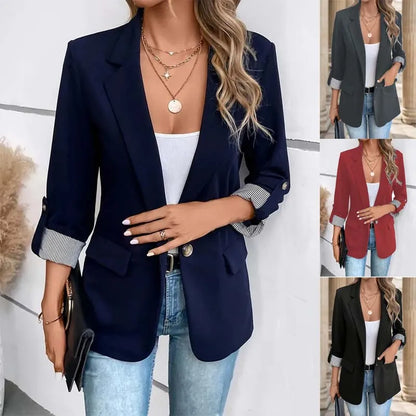 Women’s Casual Slim Fit Jacket - Rolled Sleeve Button Up Fashion Suit Blazer