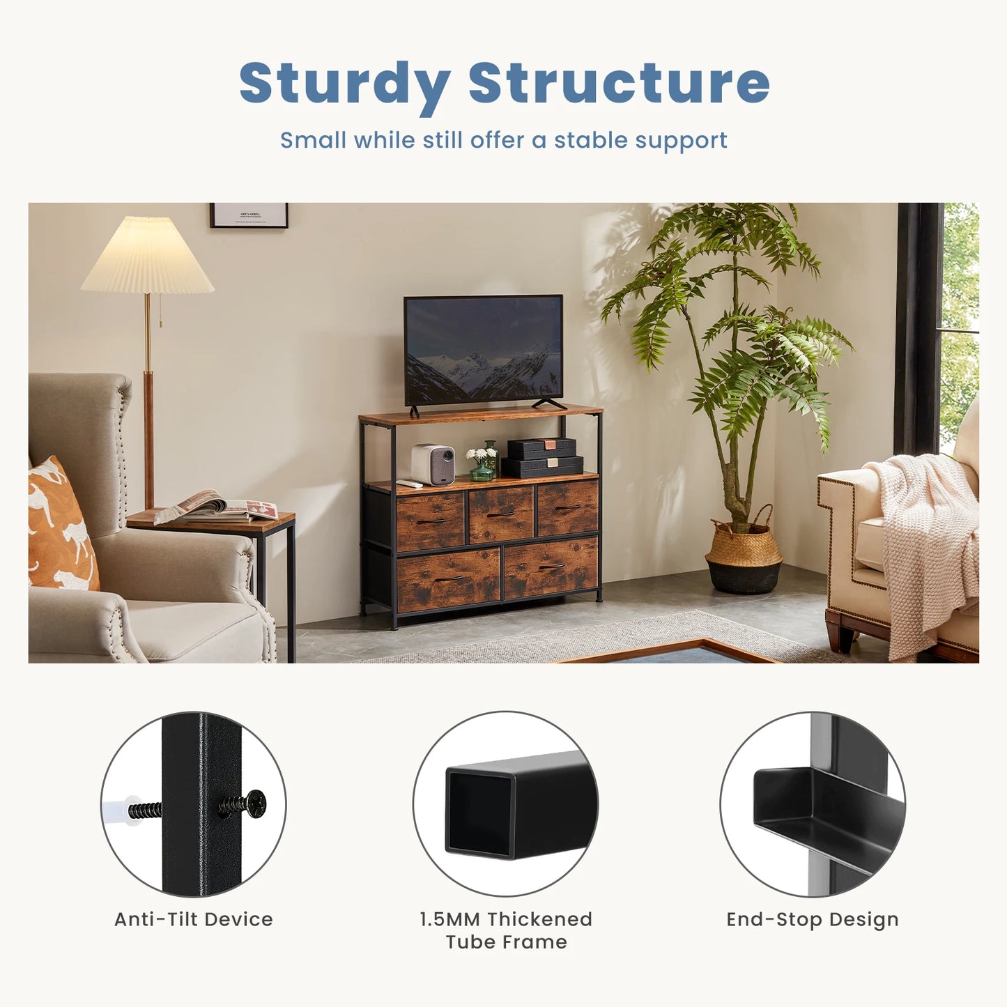 Fireplace TV Stand Dresser — Bedroom Storage Cabinet with 5 Fabric Drawers for Clothes & Display Furniture
