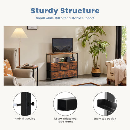 Fireplace TV Stand Dresser — Bedroom Storage Cabinet with 5 Fabric Drawers for Clothes & Display Furniture