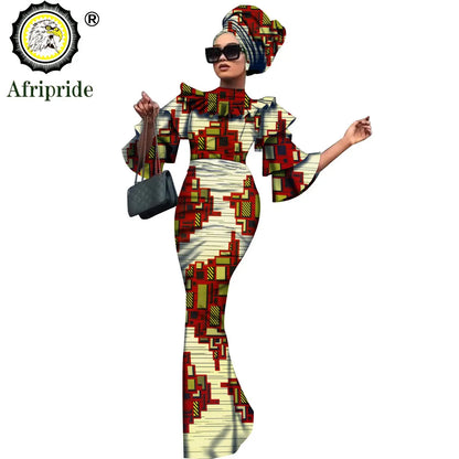 African Bazin Riche 2-Piece Dress Set - Plus Size Bodycon Dress with Headwrap for Women