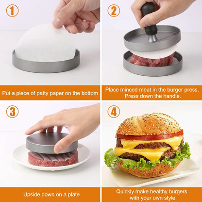 Non-Stick Burger Press | Hamburger Patty Maker with Wax Paper | Aluminum Burger Maker for Kitchen BBQ Grill