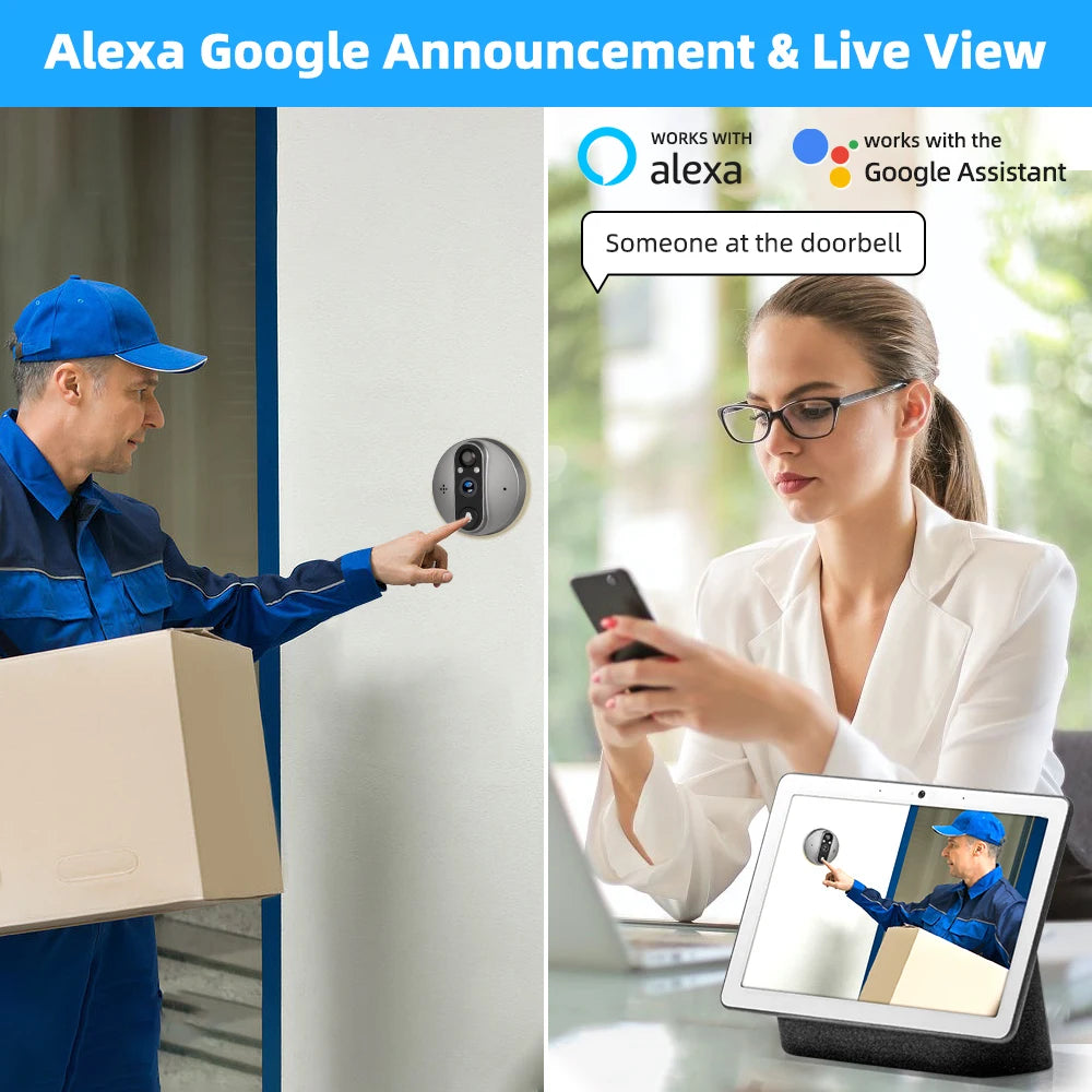 3MP Smart Life Tuya WiFi Doorbell – 1080P Eye Peephole Camera, 5000mAh Battery, PIR Motion Detector, IR, Alexa & Google Compatible