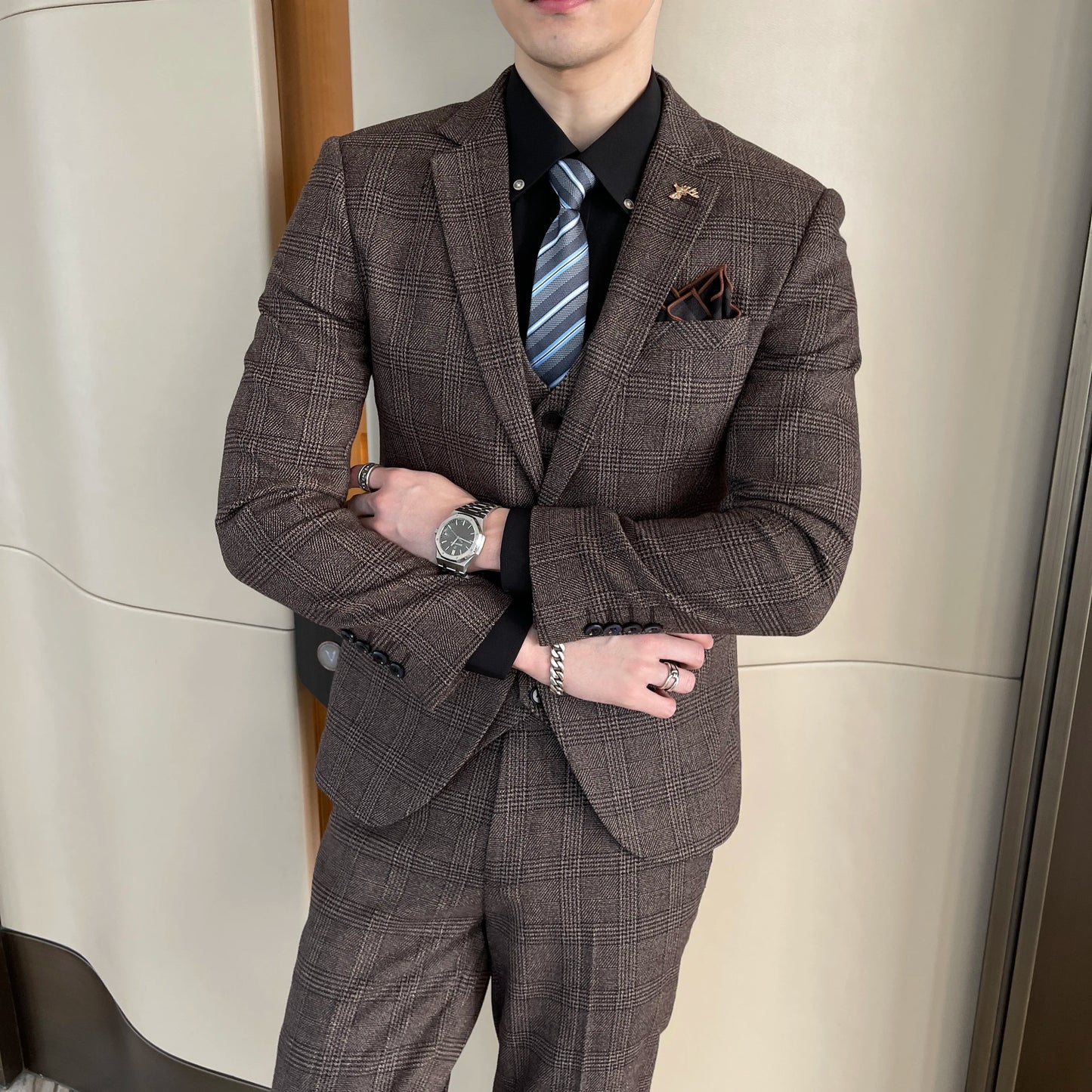 Men’s British Korean Plaid Three-Piece Suit – Stylish Business Casual Set with Blazer, Vest & Trousers