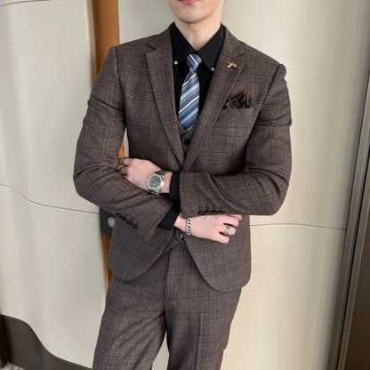 Men’s British Korean Plaid Three-Piece Suit – Stylish Business Casual Set with Blazer, Vest & Trousers