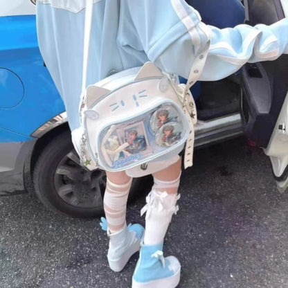 Y2K Korean Kawaii Cat Ita Bag — Cute PU Transparent Shoulder & Crossbody Bag for Girls, Harajuku Style Backpack