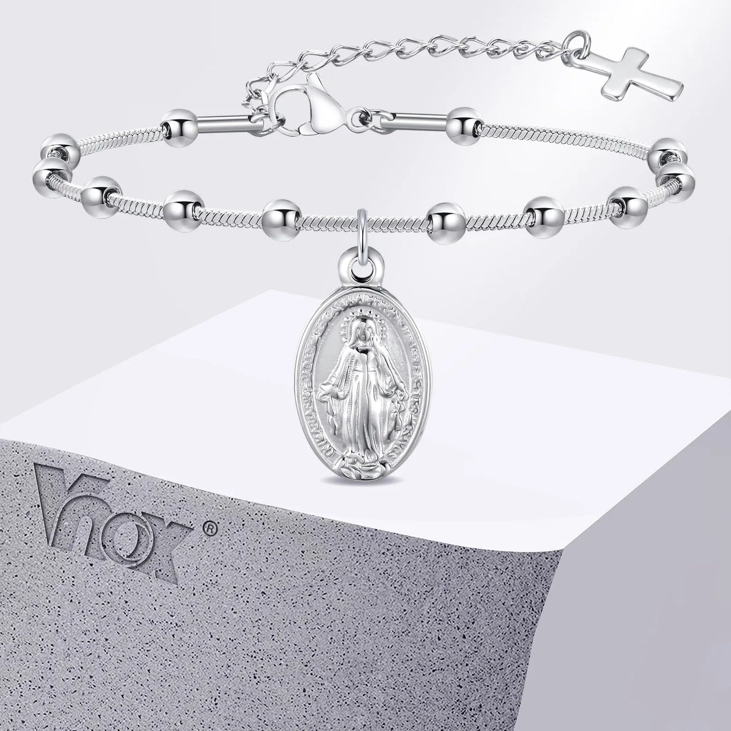 Vnox Gold Plated Rosary Bracelet – Stainless Steel Cross & Virgin Mary Religious Prayer Jewelry for Women & Girls Gift Accessories