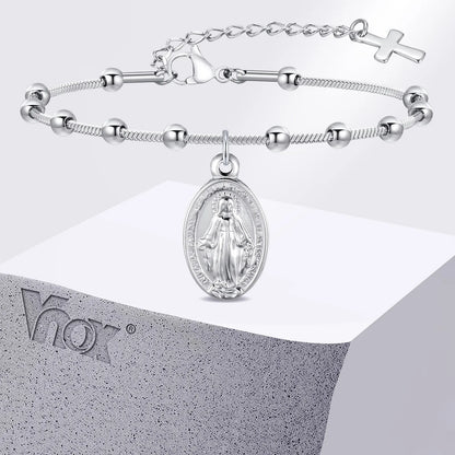 Vnox Gold Plated Rosary Bracelet – Stainless Steel Cross & Virgin Mary Religious Prayer Jewelry for Women & Girls Gift Accessories