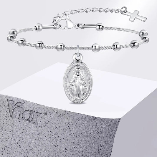 Vnox Gold Plated Rosary Bracelet – Stainless Steel Cross & Virgin Mary Religious Prayer Jewelry for Women & Girls Gift Accessories