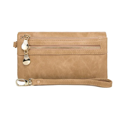 Large Capacity Women's Wallet – Dull Polish Leather, Double Zipper Clutch Wristlet with Phone, Coin & Card Holder Pockets