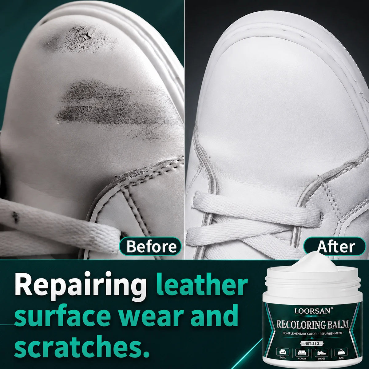 White Leather Shoe Recoloring Paste 35g - Sneaker Edge Touch-Up Balm with Brush for Stains, Scratches, and Oxidation Marks