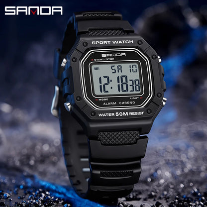 SANDA 2156 Military Digital Sports Watch for Men - Waterproof LED Display Wristwatch with Stopwatch and Oversized Dial