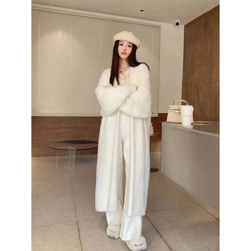 023 Autumn/Winter Lazy Style Loose Knee-Length Knitted Sweater Cardigan Coat – Thickened Pure Imitation Mink Fleece for Women
