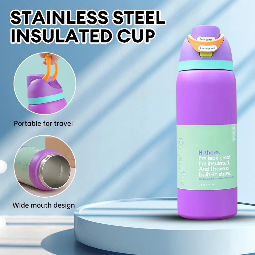 32oz Vacuum Insulated Stainless Steel Water Bottle with Straw – Thermal Cup for Outdoor Sports, Camping & Hiking