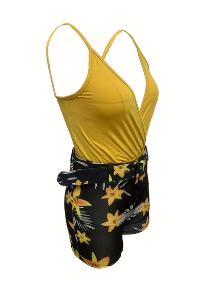 Women’s V-Neck Camisole & Plant Print Shorts Set – European & American Style, Belted Summer Outfit