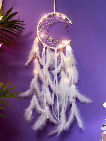 Hand-Woven Moon Dream Catcher Feather Wind Chimes - Bedroom Wall Hanging Ornaments for Home Decoration, Birthday and Festival Gifts, Crafted with Love