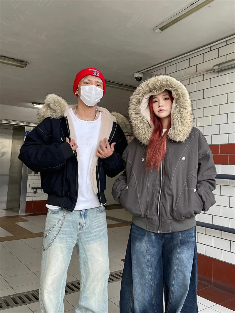 ZAROY Y2K Fur Collar Hooded Parka – Thick Padded Gothic Winter Jacket Streetwear for Men & Women