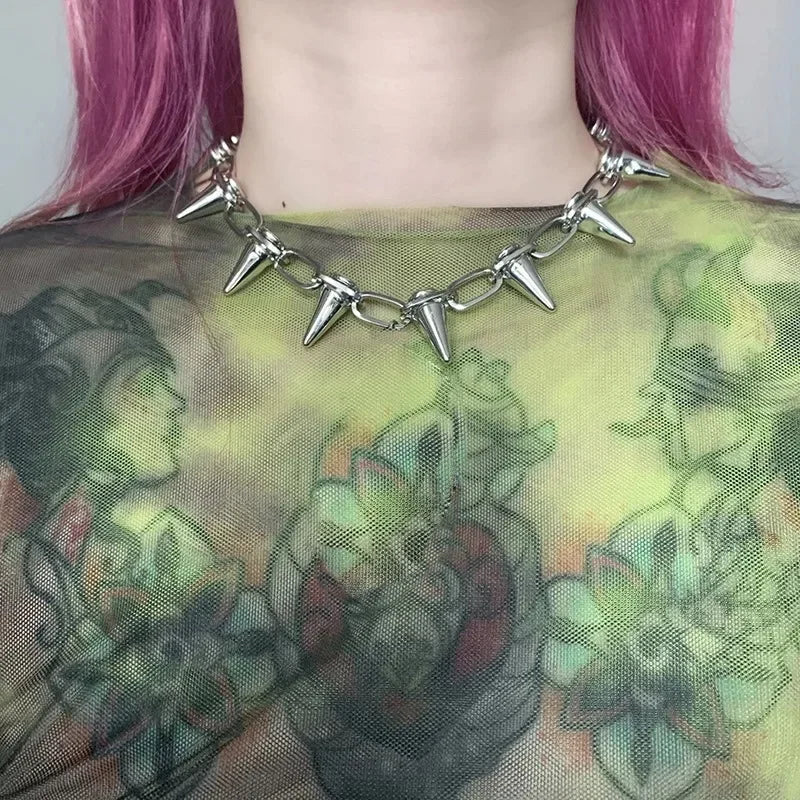 Fashion Punk Spike Choker Necklace – Goth Rivet Metal Chain Collar for Unisex Rock & Nightclub Jewelry