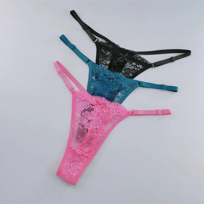 Women's Lace Thong Set - 3-Piece Low Waist Breathable Sheer G-String Lingerie