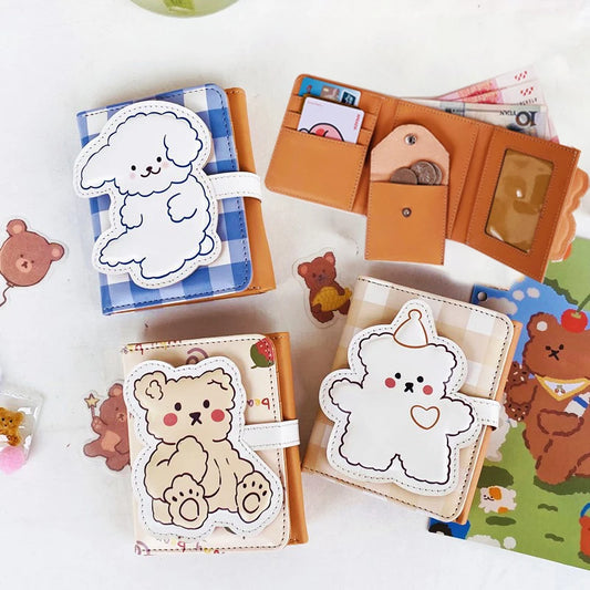 Cute Bear Women’s Wallet — Short Leather Coin Purse, Cartoon Card Holder, Three-Fold Clutch for Students