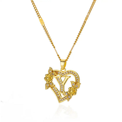 Gold Zircon Heart Initial Necklace – Stainless Steel Letter Pendant Jewelry for Women