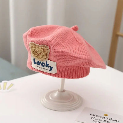 Flower Baby Beret Hat – Winter Warm Knitted Beanie for Infant & Toddler Girls, Korean Princess Artist Painter Cap Solid Color