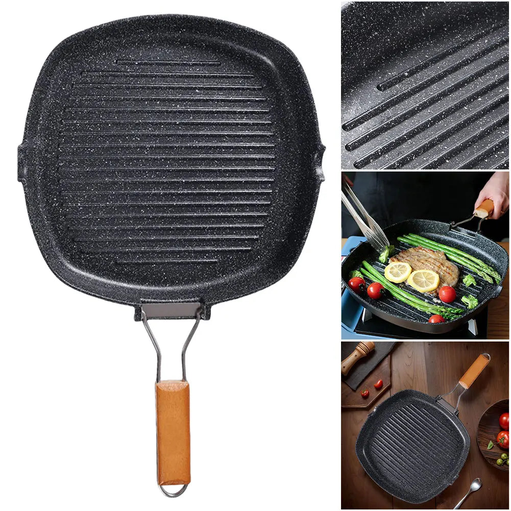 Foldable Portable Grill Pan – Double-Mouth Steak Pan with Anti-Scald Wooden Handle for Outdoor Cooking