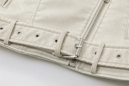 RARF 2024 Women's Washed Leather Jacket – Coal Gray Short Coat with Belt, Vintage Lapel & Zipper
