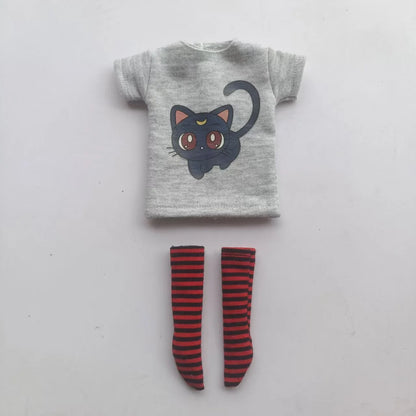 Handmade OB24 1/6 Blyth Doll Clothes – Cartoon T-Shirt with Striped Socks for 1/6 Doll Accessories