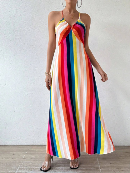 Women’s Boho Ethnic Print Maxi Dress – Backless Split Thigh Frill Trim Summer Beach Long Dress