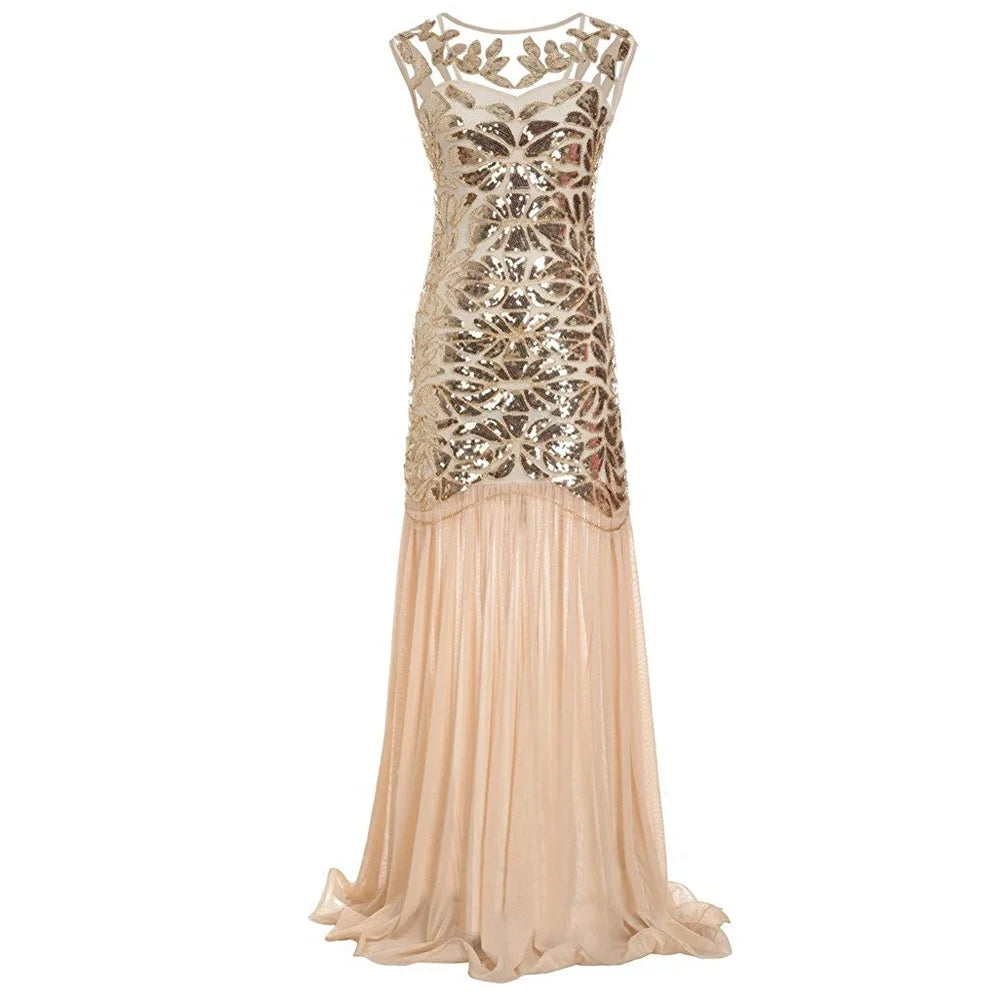 Women’s 1920s Great Gatsby Flapper Dress – Vintage V-Neck Sequin & Bead Long Mesh Maxi Party Prom Gown
