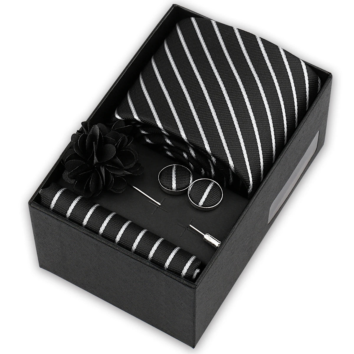 Men’s 4-Piece Tie Set Gift Box - Elegant Necktie with Handkerchief, Cufflinks & Brooch for Business, Wedding & Suit Accessories