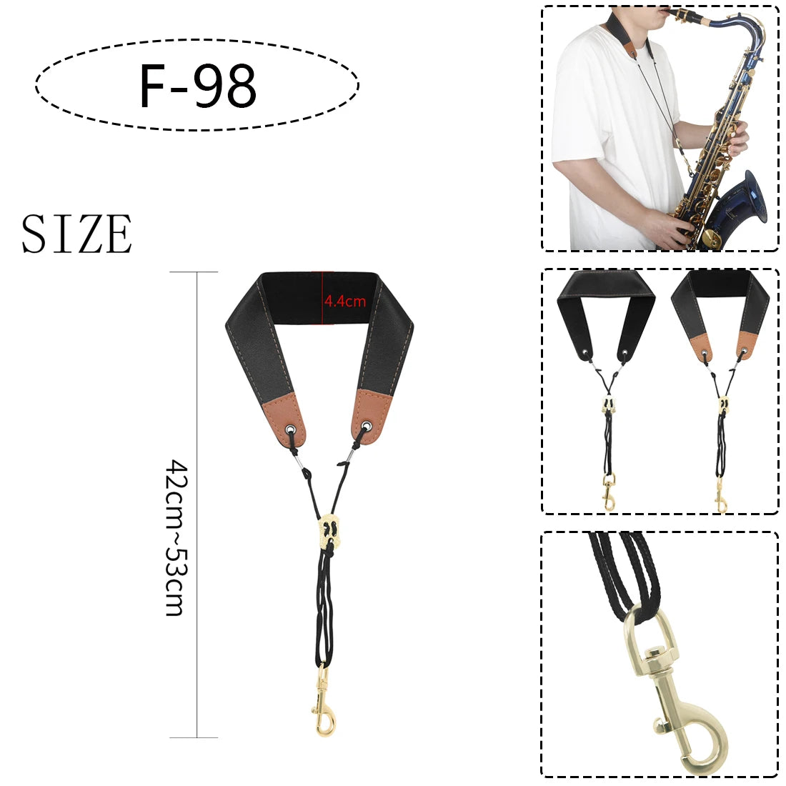 Saxophone Neck Strap - Adjustable Leather Universal Fit for Soprano, Alto, Tenor Sax with Secure Closed Hooks