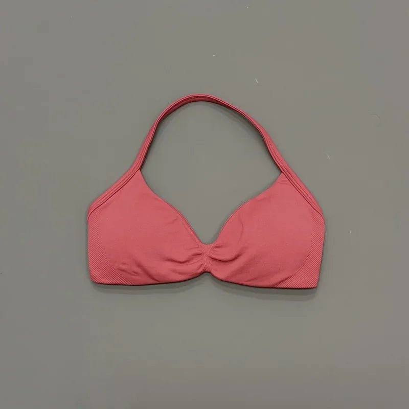 Histello Women’s Strappy Sports Bra - Seamless High-Support Yoga, Running and Workout Halter Top