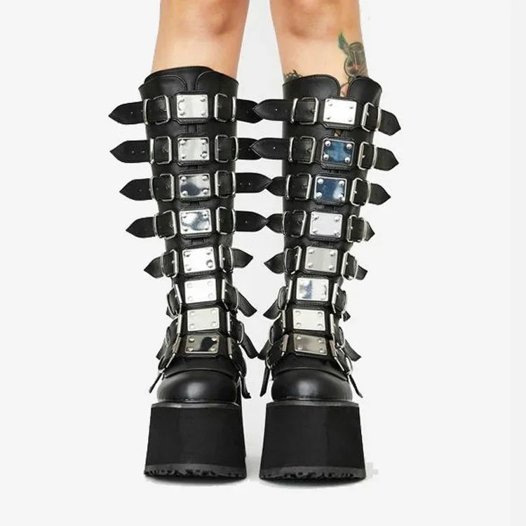 Women’s Gothic Boots – Cosplay High Heel Platform Wedges, Buckle Strap Long Tube Leather Boots, Plus Size Options