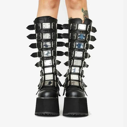 Women’s Gothic Boots – Cosplay High Heel Platform Wedges, Buckle Strap Long Tube Leather Boots, Plus Size Options