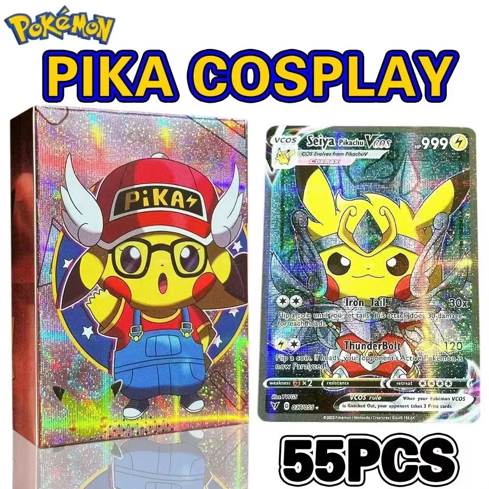 2025 New 55PCS Pokémon Holographic Cards — Pikachu & Anime Characters Cosplay English Trading Card Collection for Kids’ Gifts