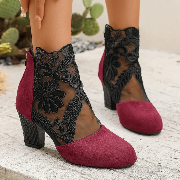 Women’s Spring Lace Boots – Fashion High Heels Ankle Shoes with Round Toe, Plus Size Available