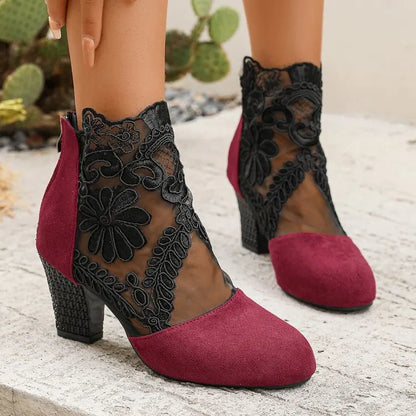 Women’s Spring Lace Boots – Fashion High Heels Ankle Shoes with Round Toe, Plus Size Available