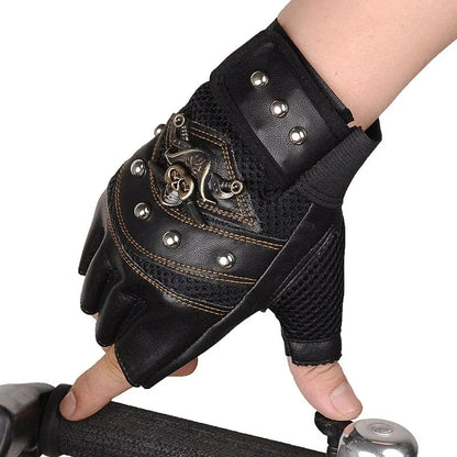 Pirate Skull PU Leather Fingerless Gloves for Men & Women – Hip Hop, Gym, Moto Half-Finger Mitts with Rivets