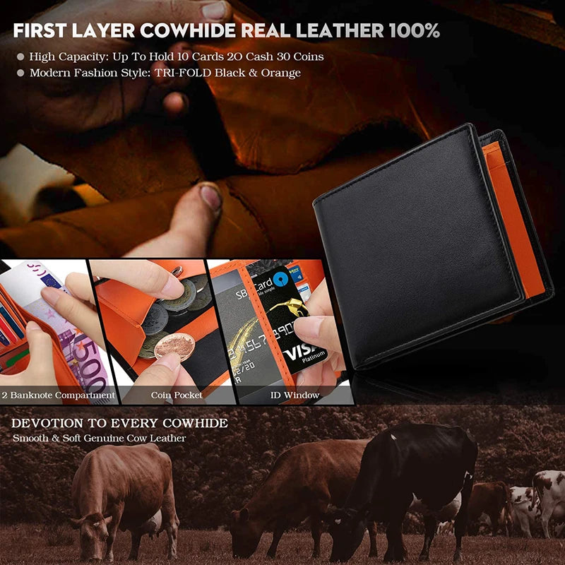 Men’s Slim RFID Blocking Genuine Leather Wallet — Coin Pocket, 2 Banknote Compartments & 10 Credit Card Slots