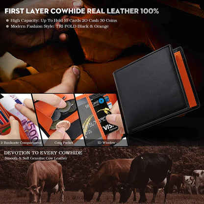 Men’s Slim RFID Blocking Genuine Leather Wallet — Coin Pocket, 2 Banknote Compartments & 10 Credit Card Slots