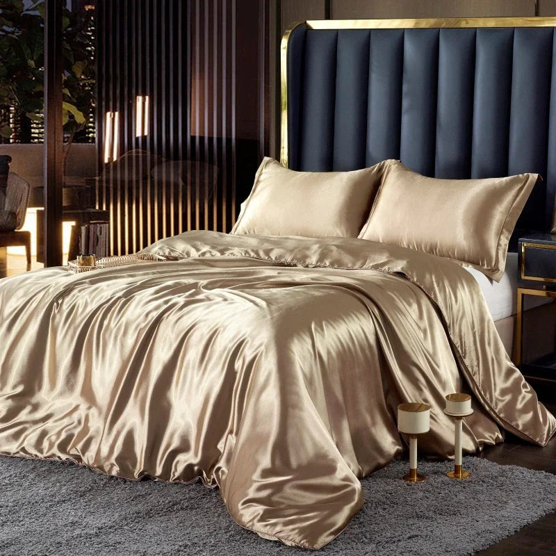 Nordic Silk Bedding Set With Duvet Cover - Luxury Solid Color Bed Sheet & Pillowcase Set For Single Double Couple Summer Bed Linen