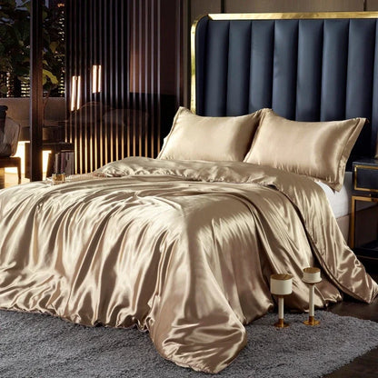 Nordic Silk Bedding Set With Duvet Cover - Luxury Solid Color Bed Sheet & Pillowcase Set For Single Double Couple Summer Bed Linen