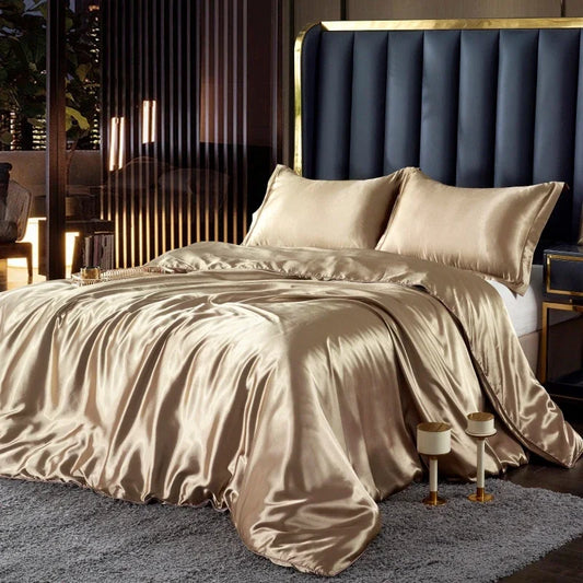 Nordic Silk Bedding Set With Duvet Cover - Luxury Solid Color Bed Sheet & Pillowcase Set For Single Double Couple Summer Bed Linen