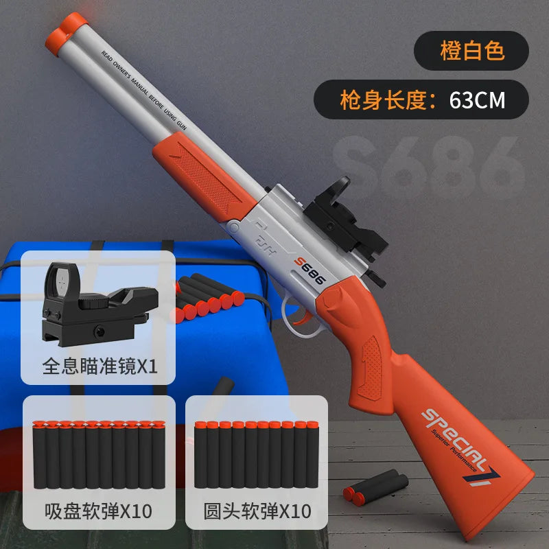 Toy Gun S686 Rifle – Double Barreled Airsoft Launcher with Dual Soft Bullets, Outdoor Sports Shotgun for Kids