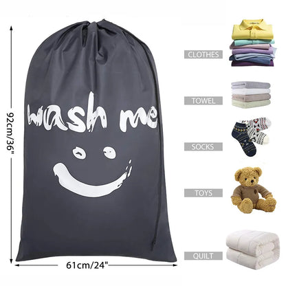 Smile-Shaped Nylon Laundry Bag - Machine Washable Travel Storage Pouch for Dirty Clothes, Wash Me Organizer Drawstring Bag