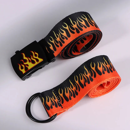 Hip Hop Fashion Canvas Belt – Personalized Flame Design, Casual & Punk Cowboy Belt for Men & Women